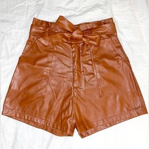 SHEIN Brown Tan Pleather Paper-bag Shorts with Tie Waist